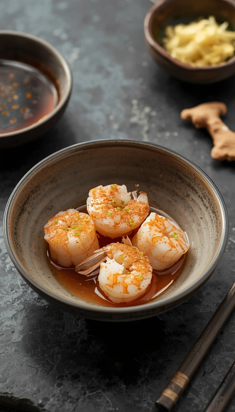 Citrus soy sauce mixed with ginger and wasabi for shrimp sashimi