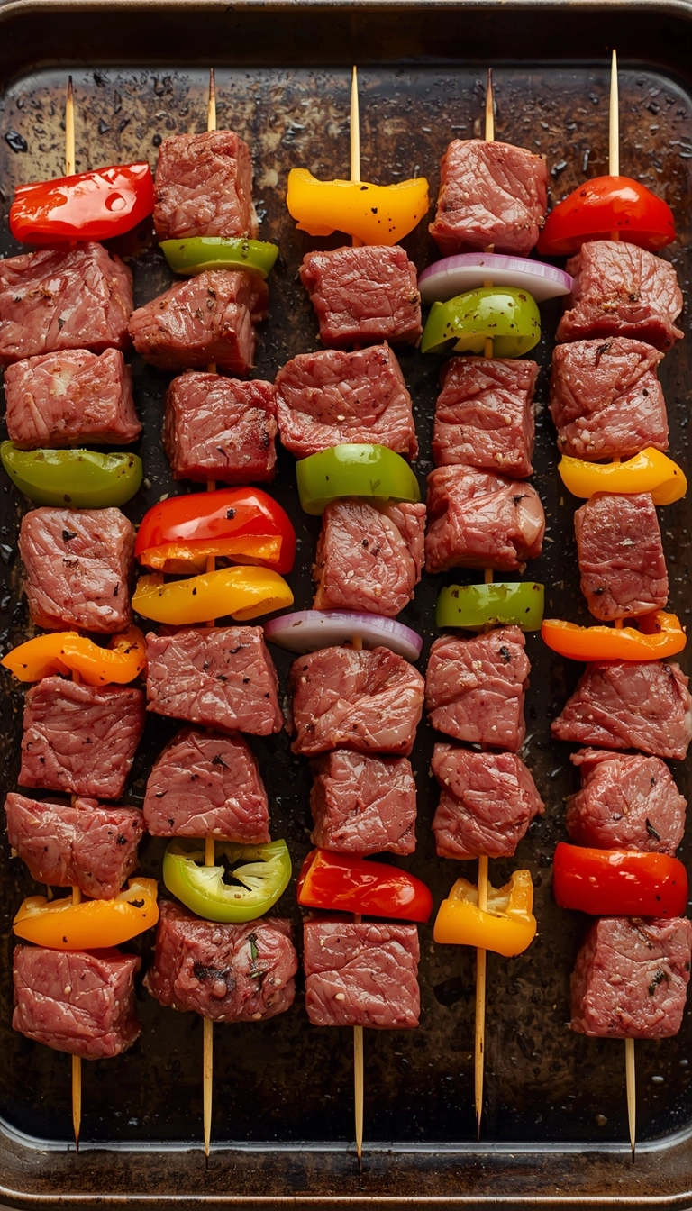 Steak, bell pepper, and onion threaded onto skewers before grilling