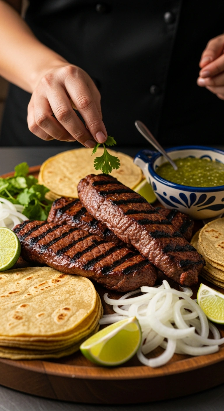Step 4: Tablitas served on a platter with warm tortillas, lime wedges, and cilantro