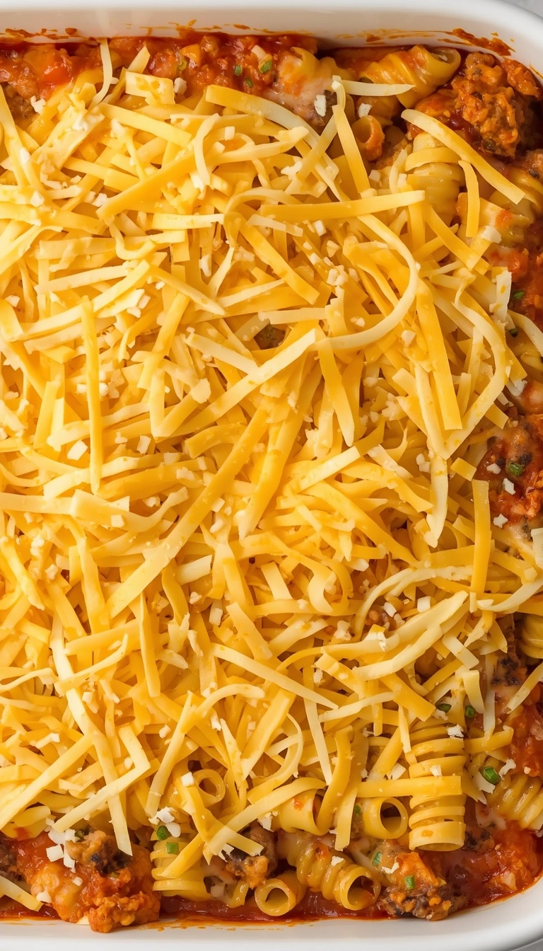 Taco pasta gratin assembled in a baking dish and topped with shredded cheese