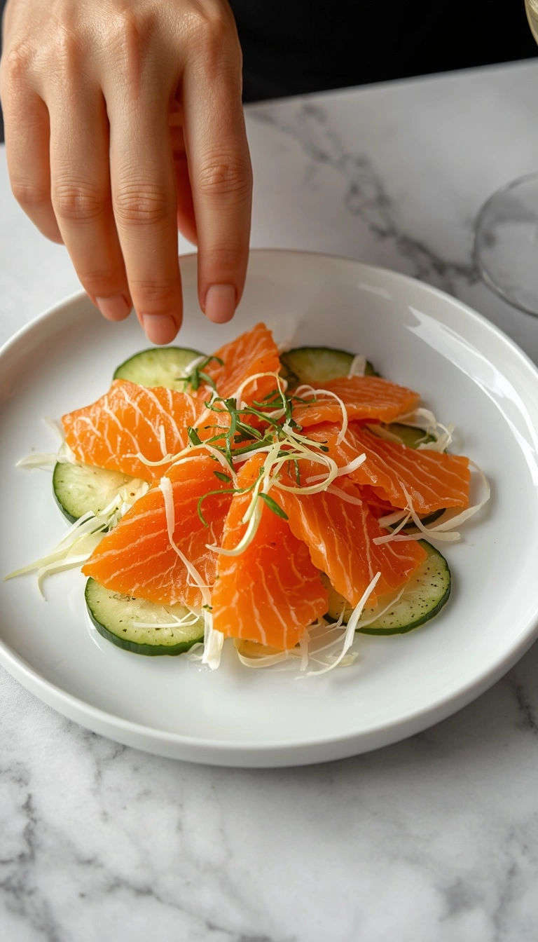Salmon crudo slices arranged on a chilled plate with cucumber and fennel