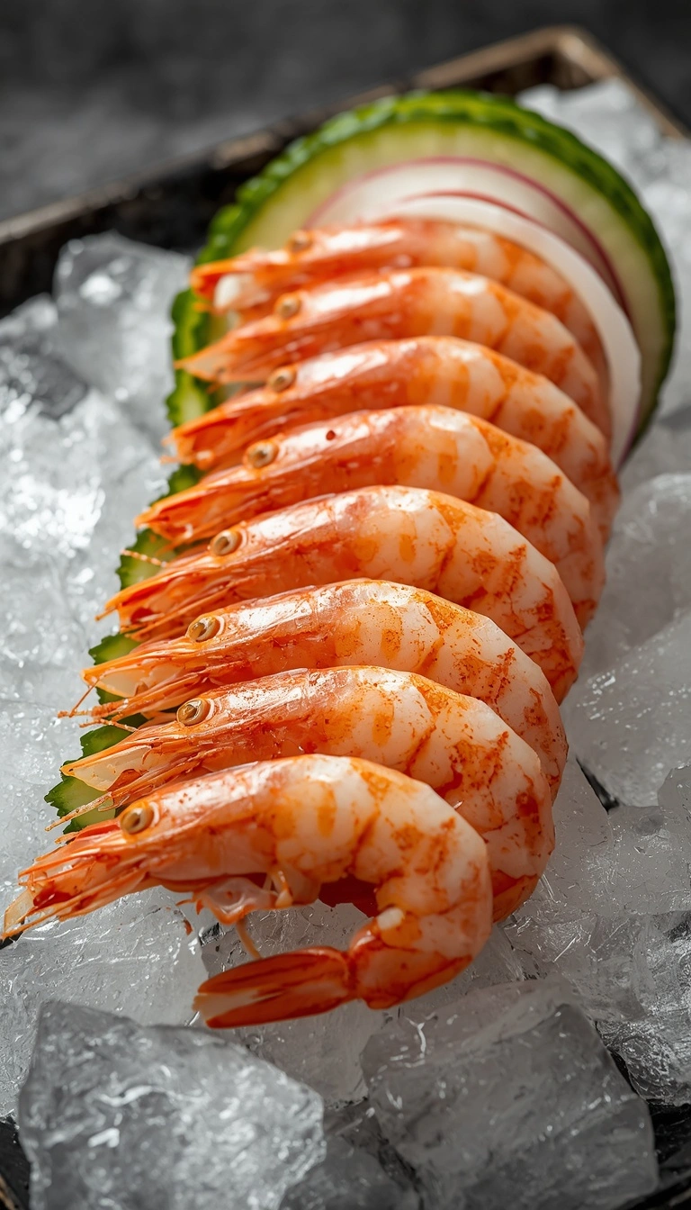 Sweet shrimp arranged on a chilled sashimi plate with cucumber and radish