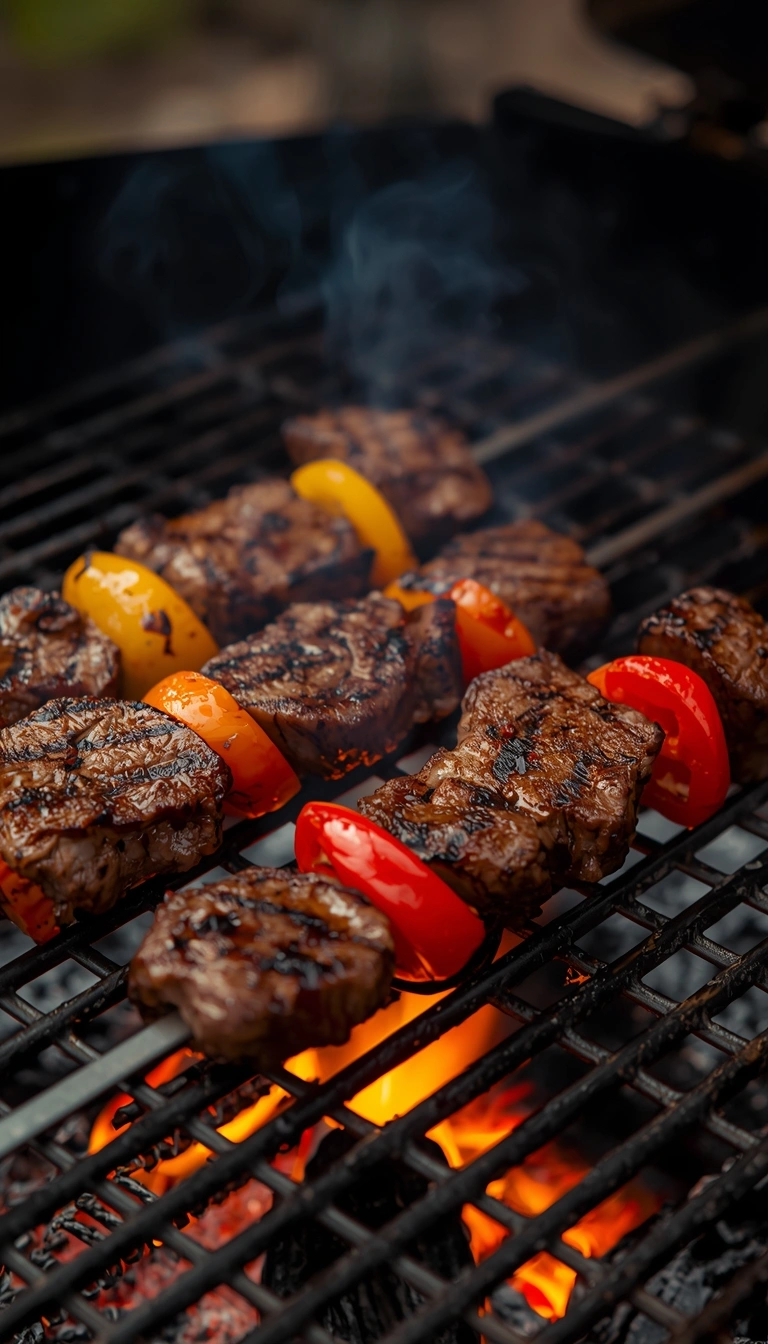 Steak and pepper skewers grilling over medium-high heat