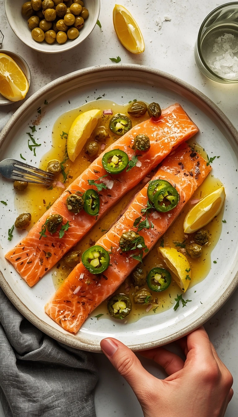 Finished salmon crudo with citrus olive oil, shallot, capers, jalapeño, and herbs