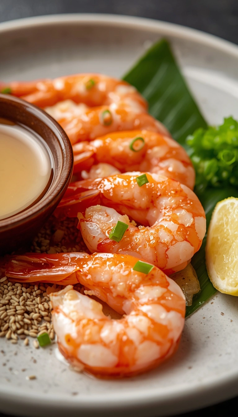 Finished shrimp sashimi served with citrus soy, wasabi, and pickled ginger