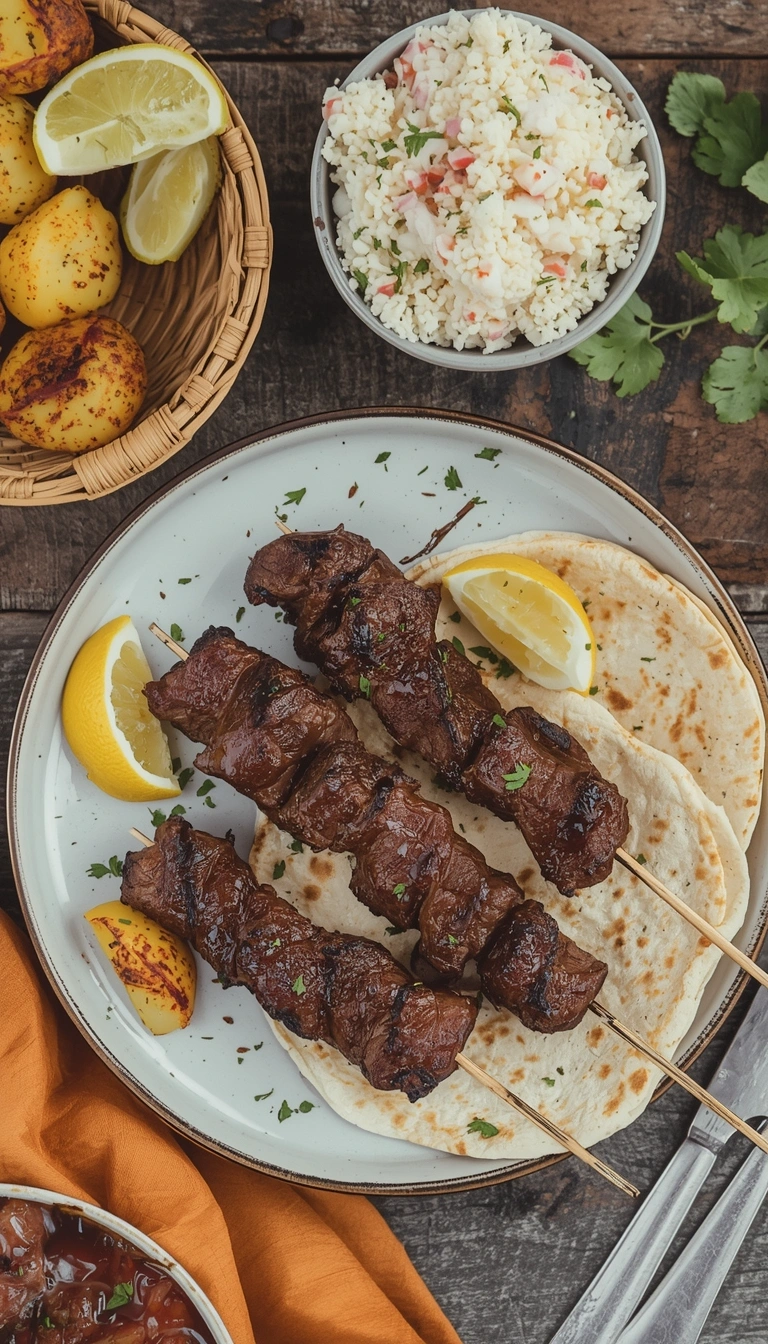Finished grilled steak skewers served with tortillas and road trip sides