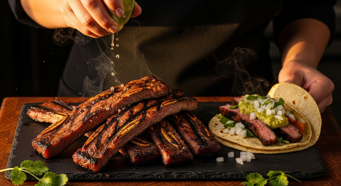 Tablitas meat — grilled flanken short ribs with char marks served with lime and cilantro
