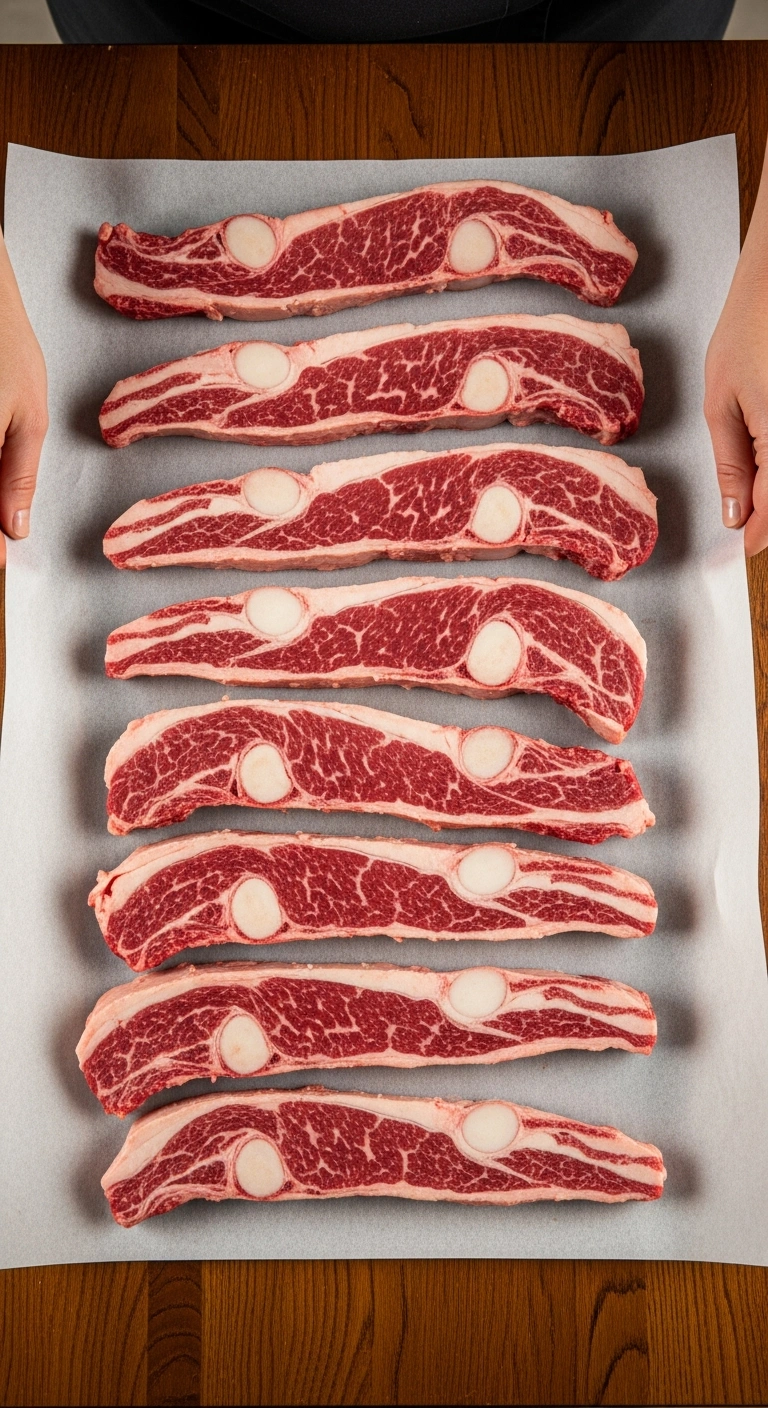 Raw tablitas flanken-style short ribs showing cross-cut bone sections and marbling