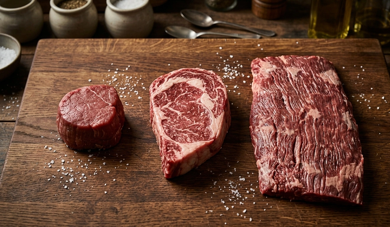 Different steak cuts from most tender to toughest — filet, ribeye, flank, skirt