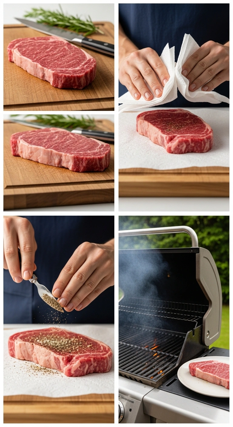 Steps 1 to 4 for grilled budget steak: choose steak, dry steak, season steak, and heat grill