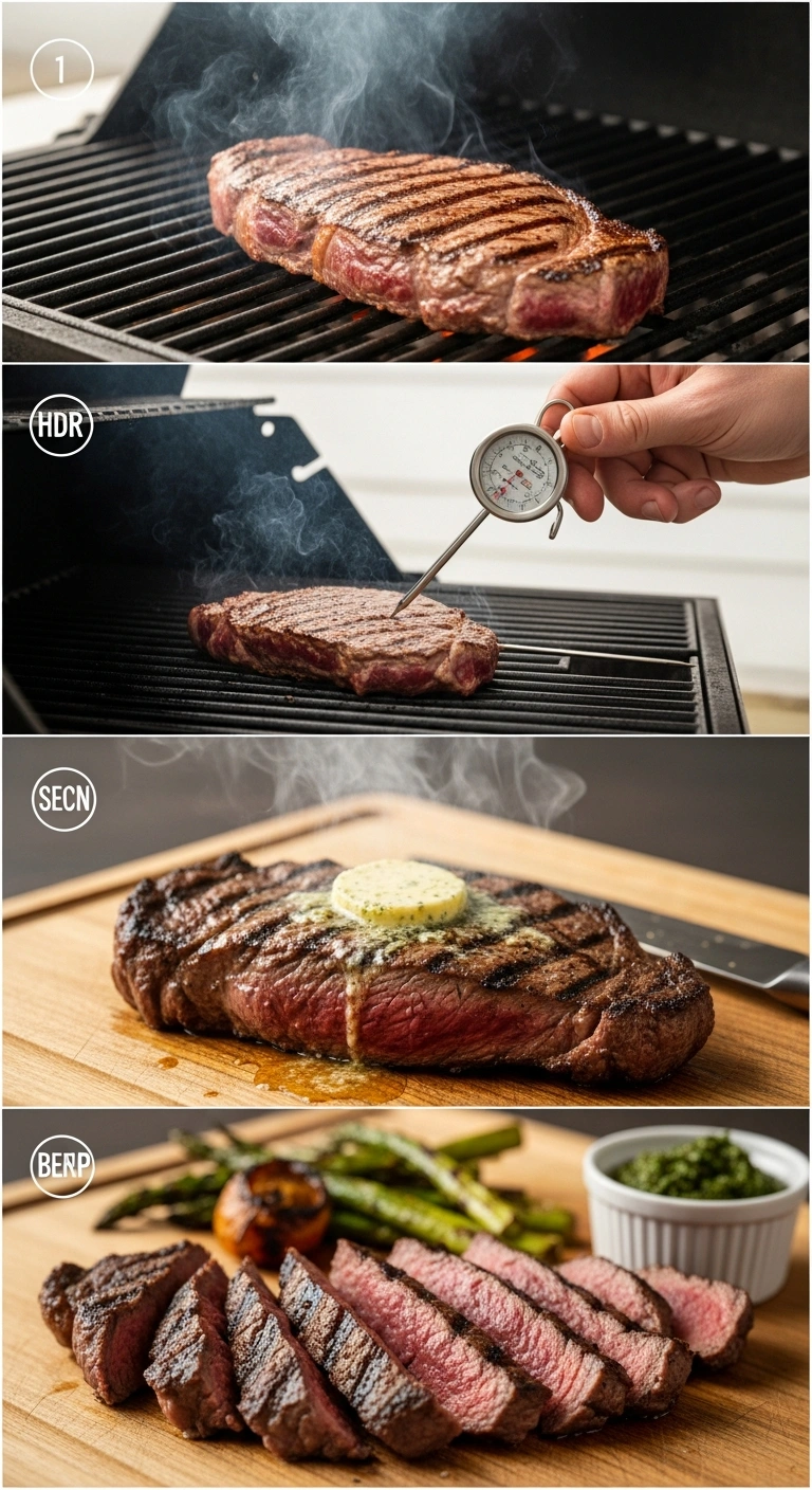 Steps 5 to 8 for grilled budget steak: grill, check temperature, rest with butter, and slice