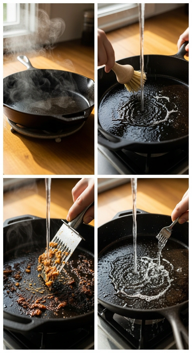 Four-step collage showing how to cool, wash, scrape, and rinse a cast iron skillet