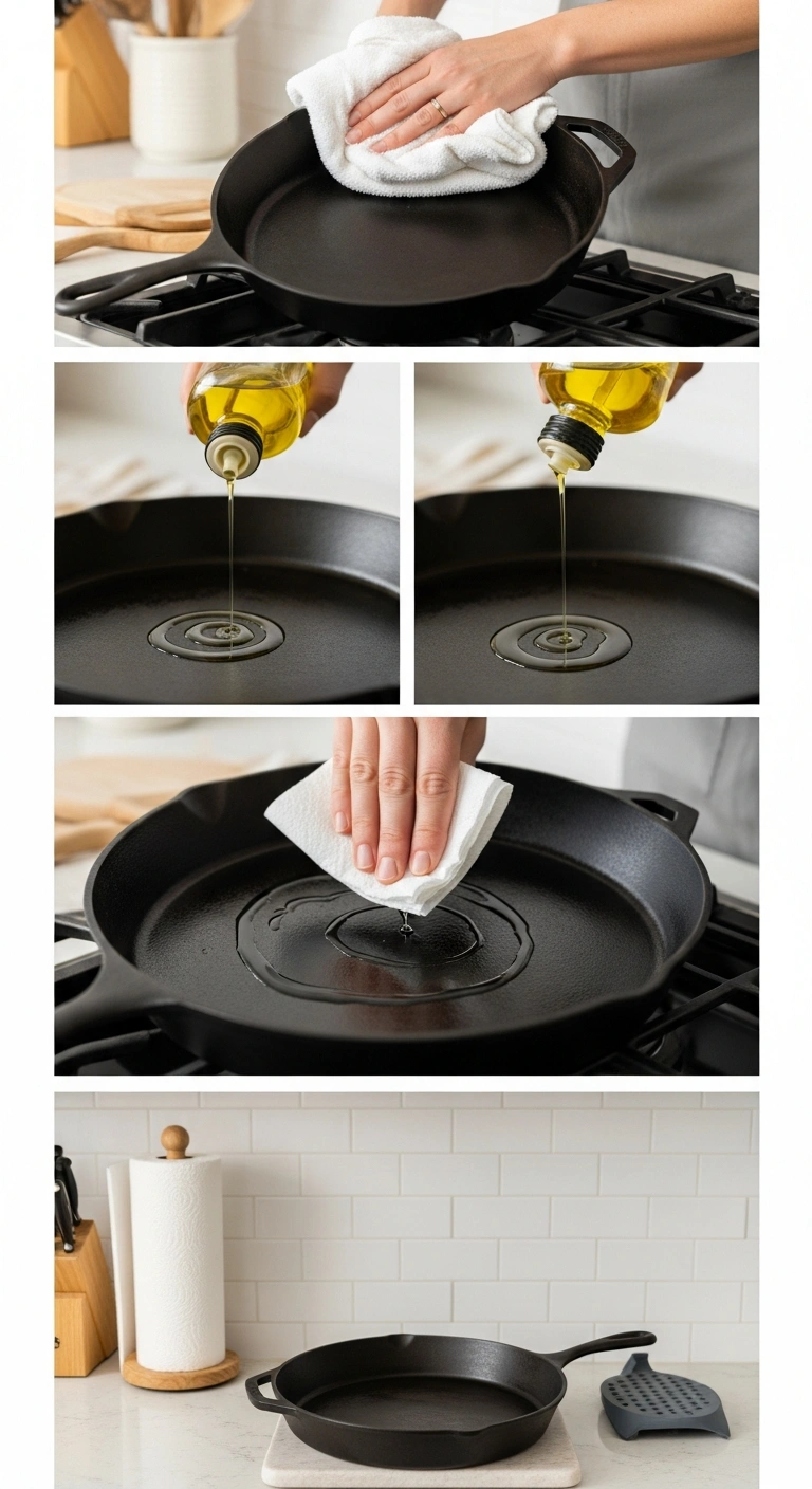 Four-step collage showing how to dry, oil, wipe, and store a cast iron skillet