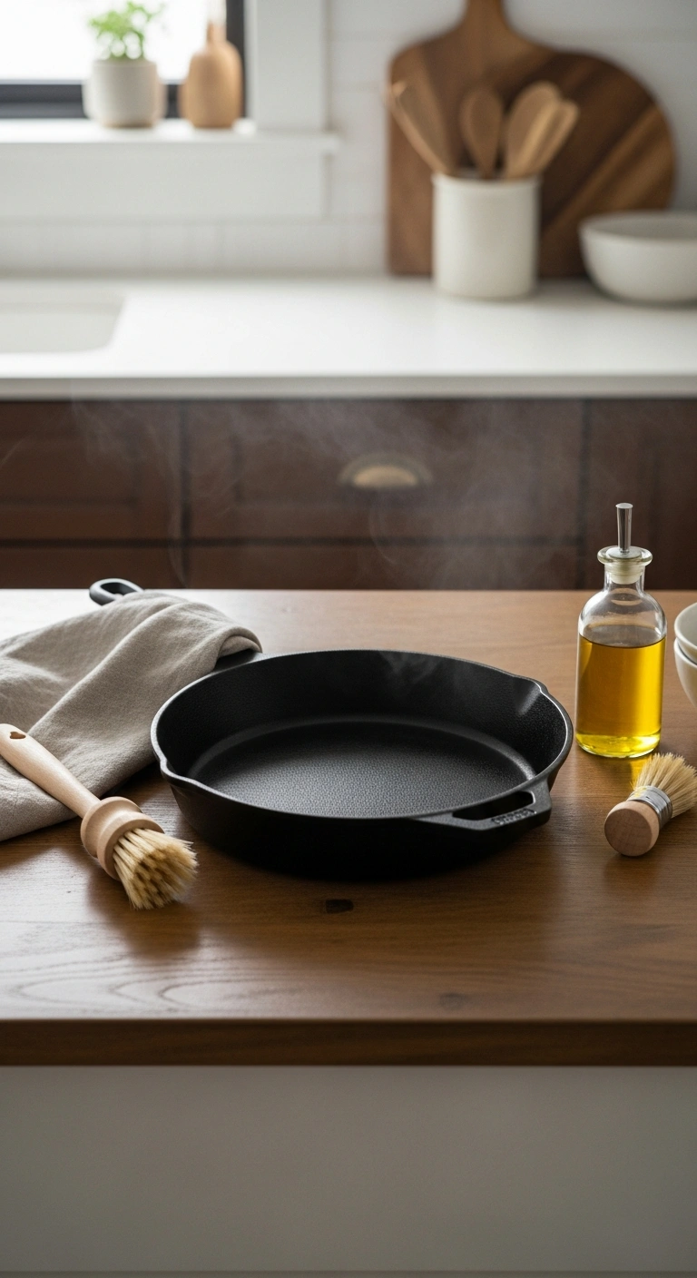Clean cast iron skillet beside cooked meat and basic skillet care tools