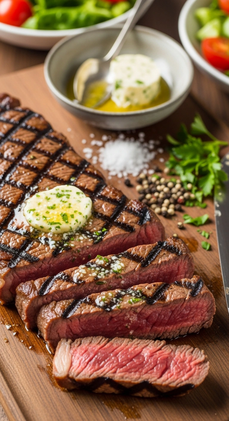 Grilled budget steak sliced with garlic herb butter