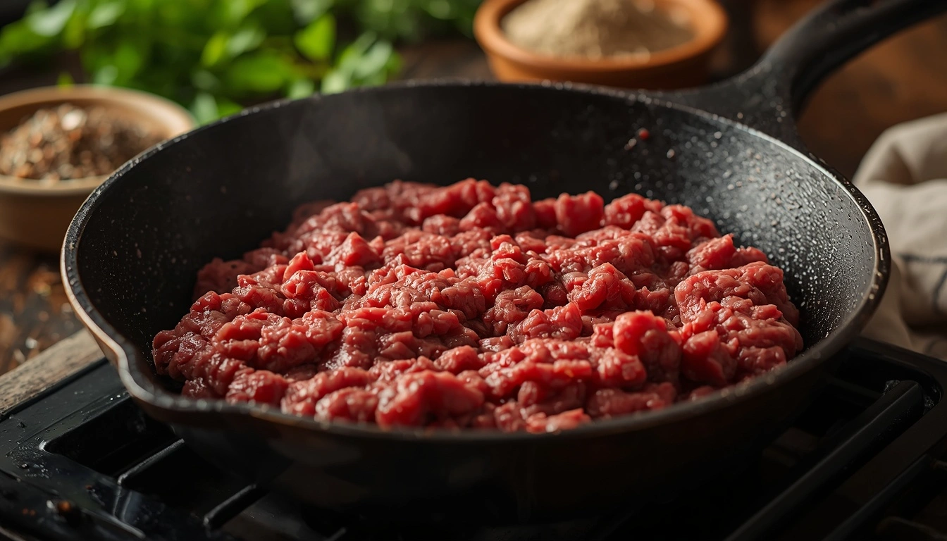 Ground bison meat in a skillet ready for cooking