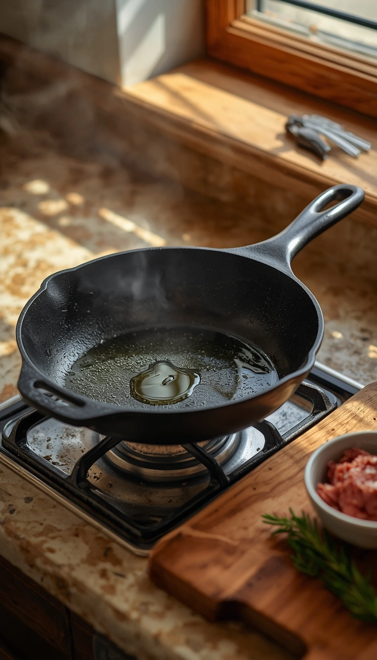 Step 1: skillet heating with a small amount of oil for ground bison