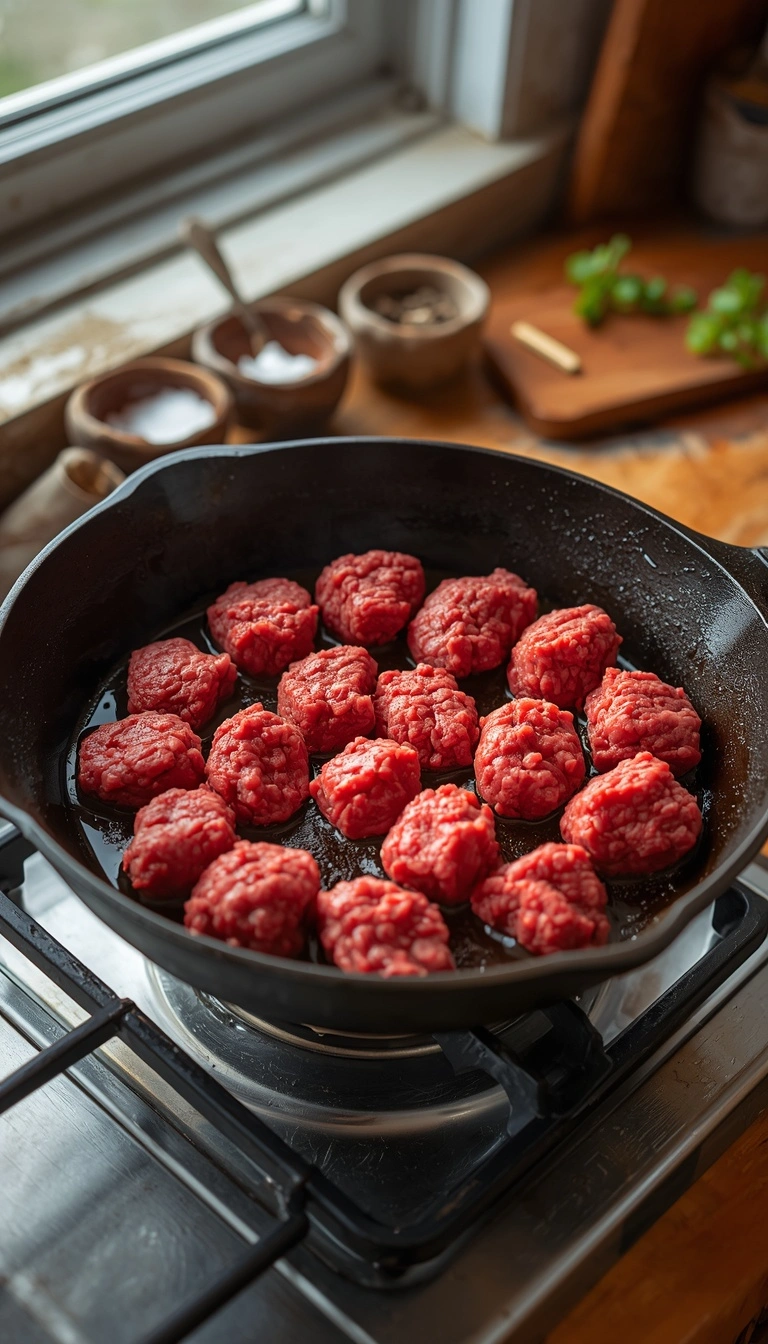 Step 2: ground bison added to a hot skillet before breaking apart