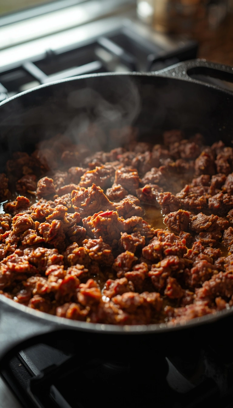 Step 4: ground bison cooked in skillet until safely done