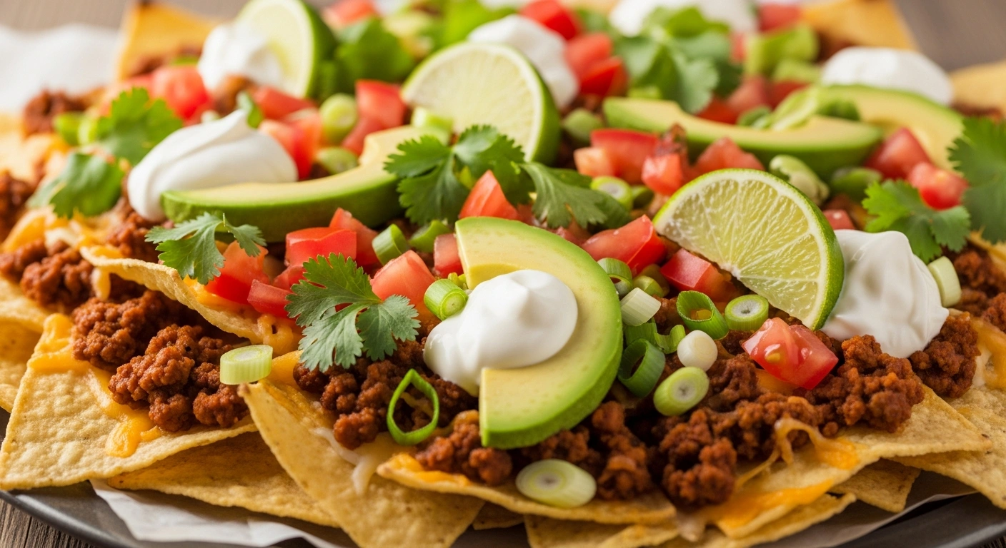 Loaded nachos made with leftover taco meat, melted cheese, black beans, avocado, sour cream, salsa, cilantro, jalapeños, and lime wedges.
