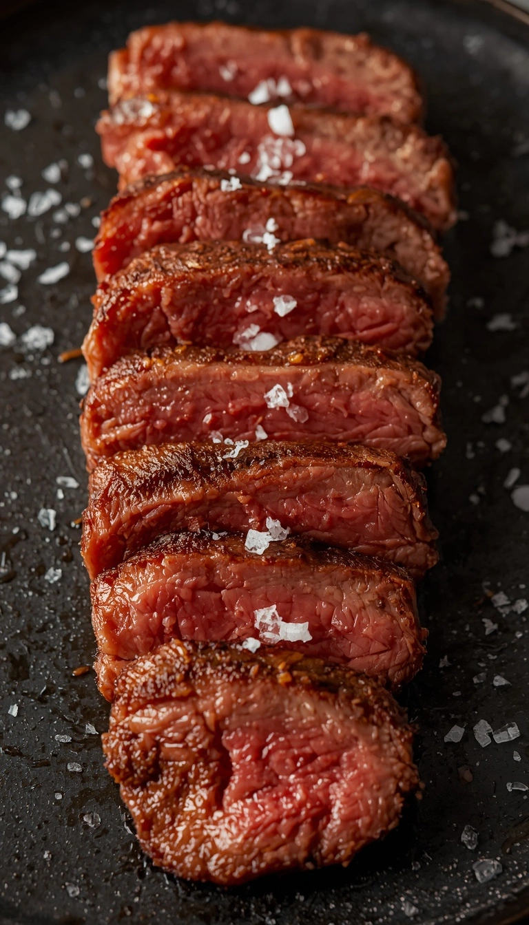 Pan-seared wagyu steak sliced and served with flaky salt