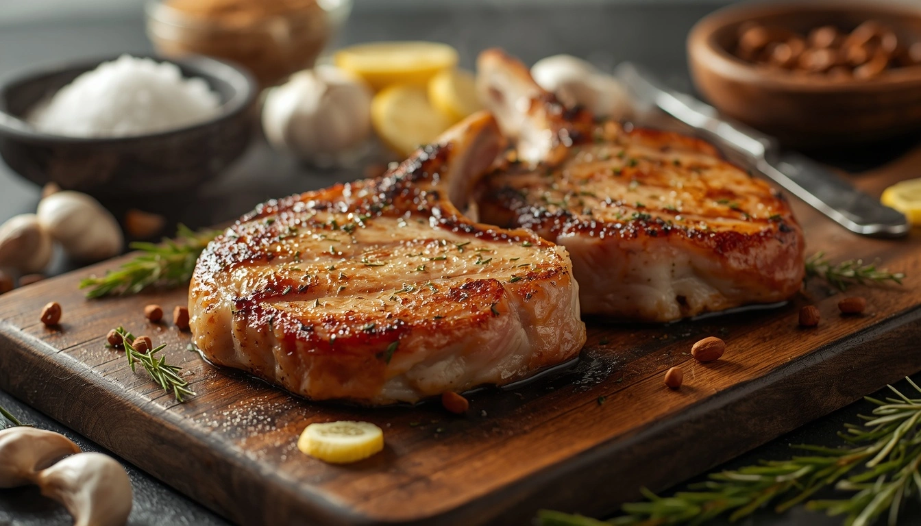 Juicy brined pork chops with herbs, garlic, lemon, and brine ingredients on a rustic board.