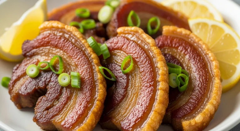 Pan-seared pork jowl slices with green onions and lemon wedges