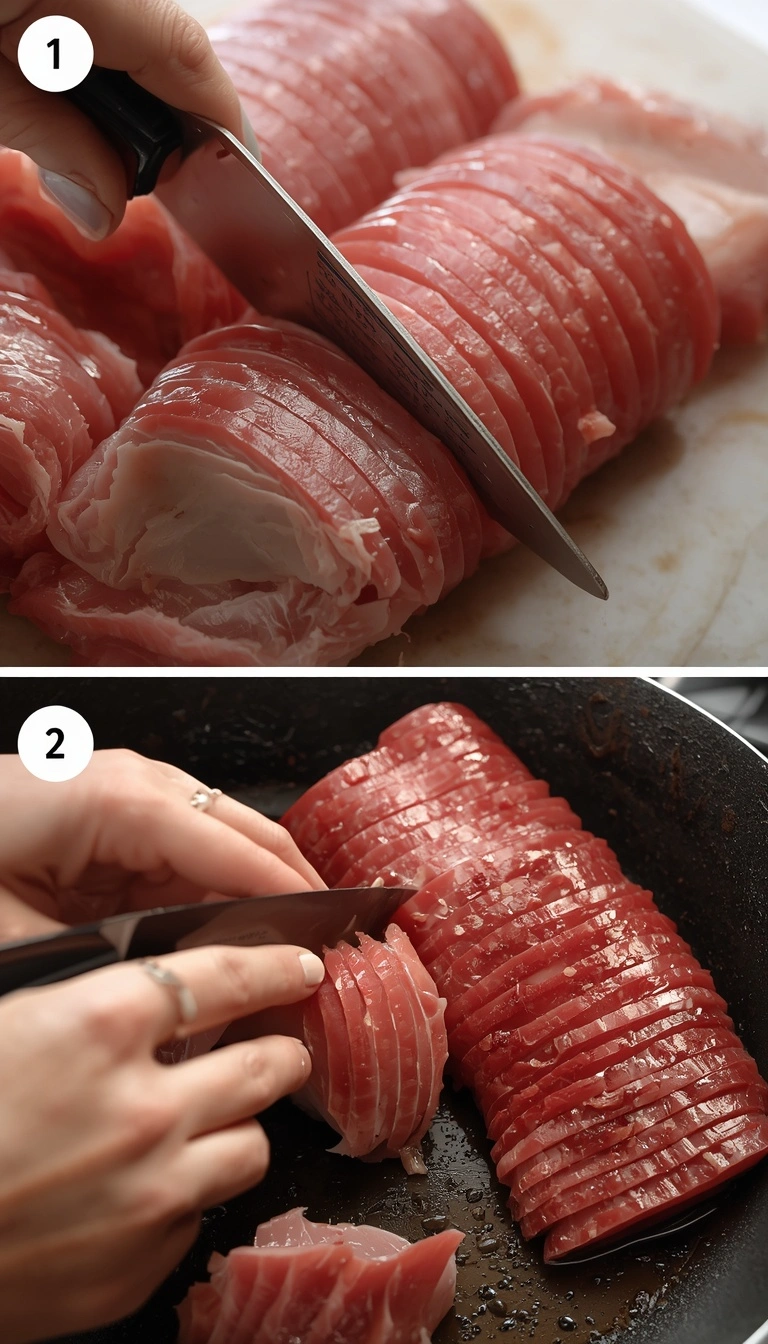 Fresh pork jowl sliced into quarter-inch pieces before cooking