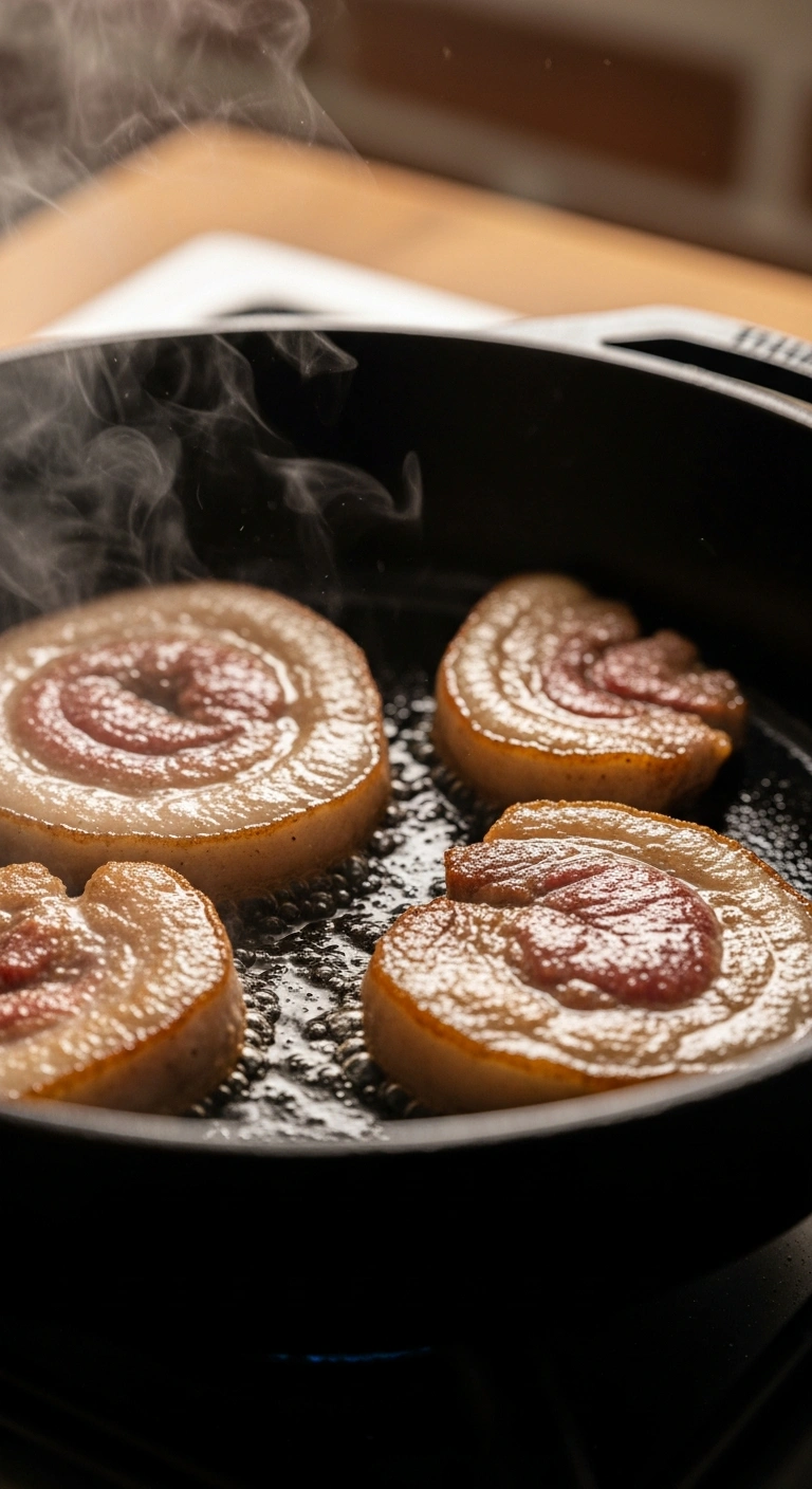 Pork jowl rendering slowly in a cast iron skillet