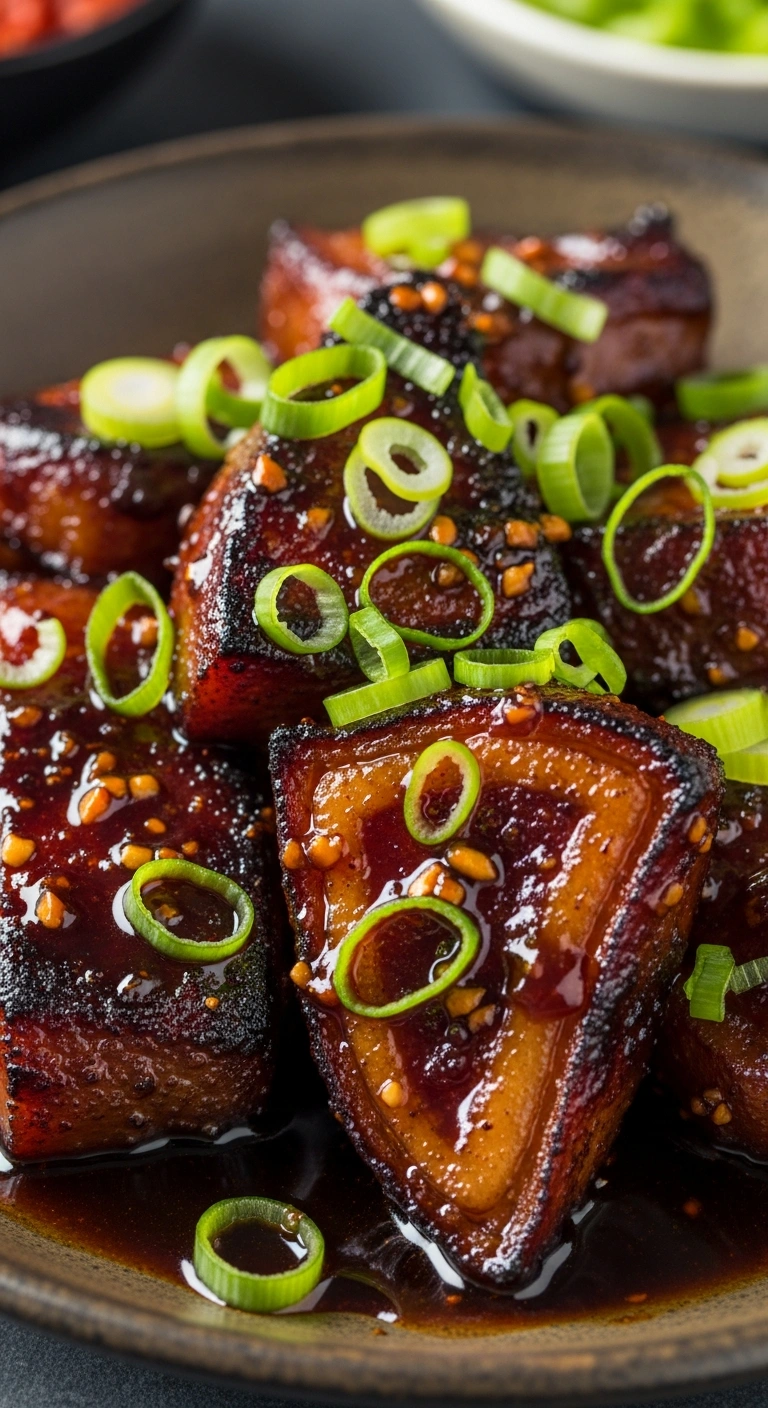 Finished crispy pork jowl glazed with garlic soy sauce and topped with green onions