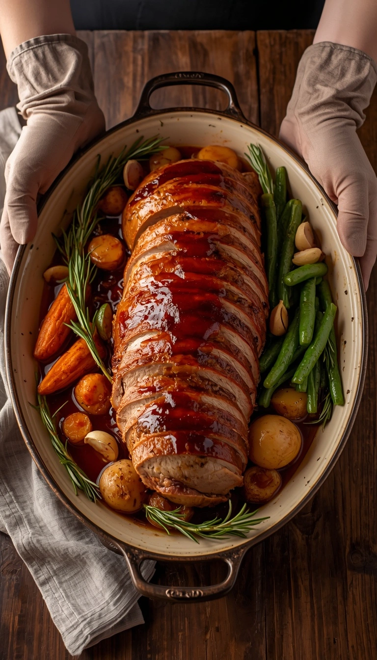 pork loin roast serving platter with vegetables and pan juices