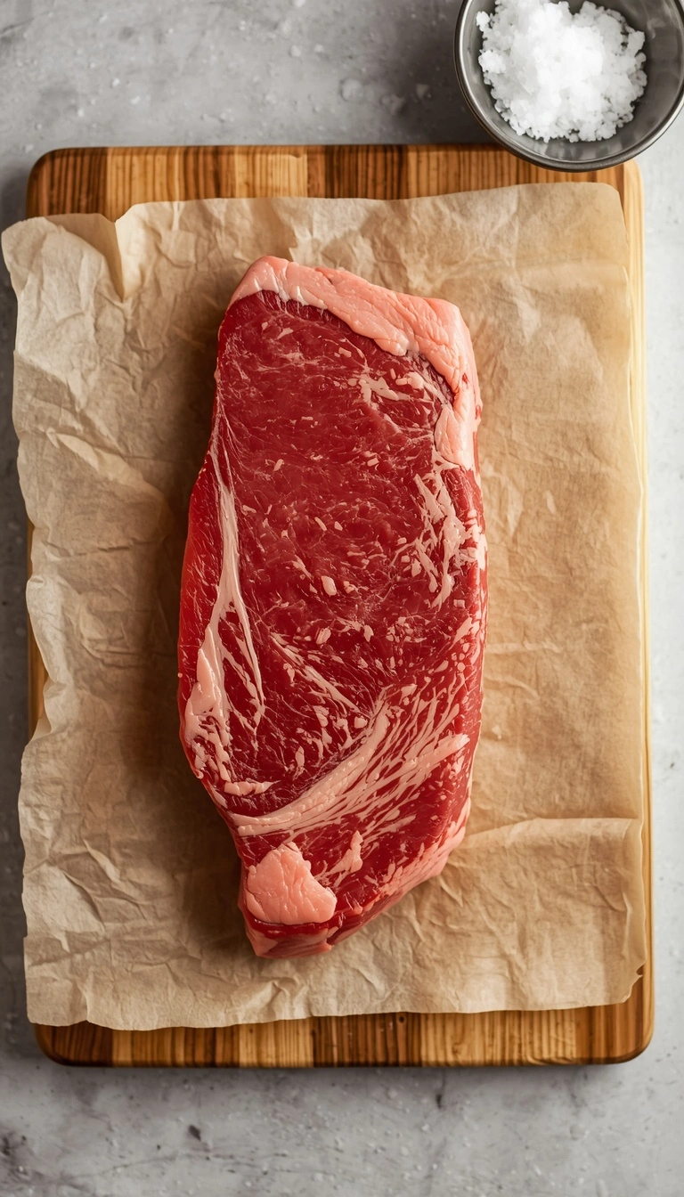 Wagyu steak resting briefly before cooking