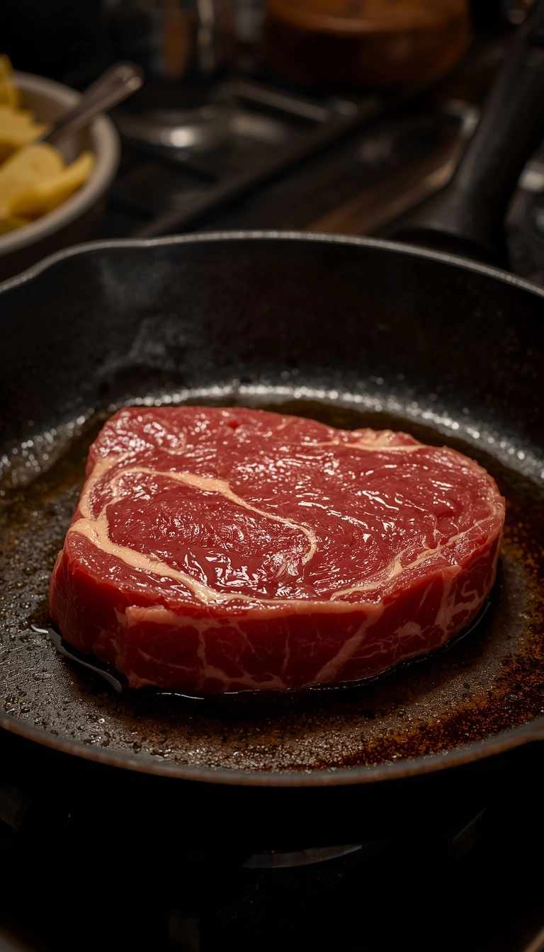 Heavy skillet heating for wagyu steak