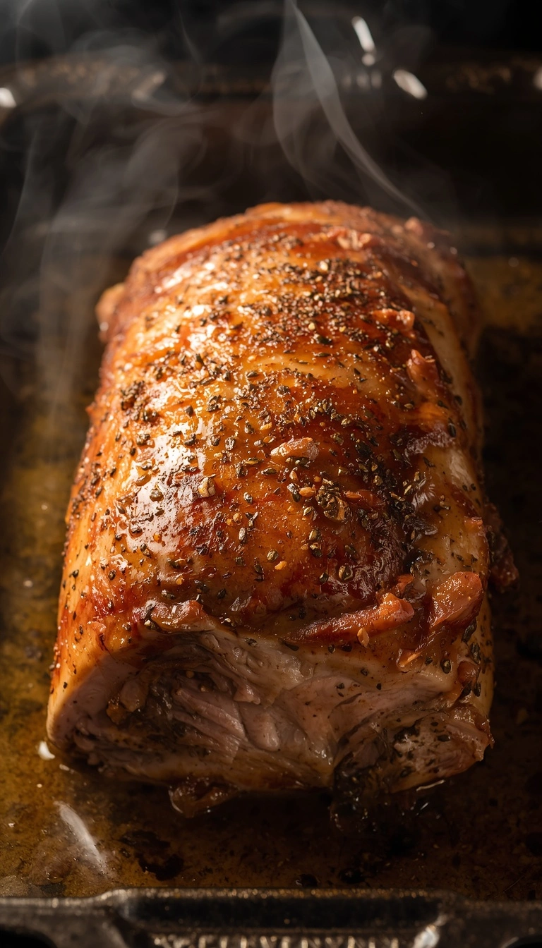 Step 3: pork loin roast cooking in the oven in a roasting pan