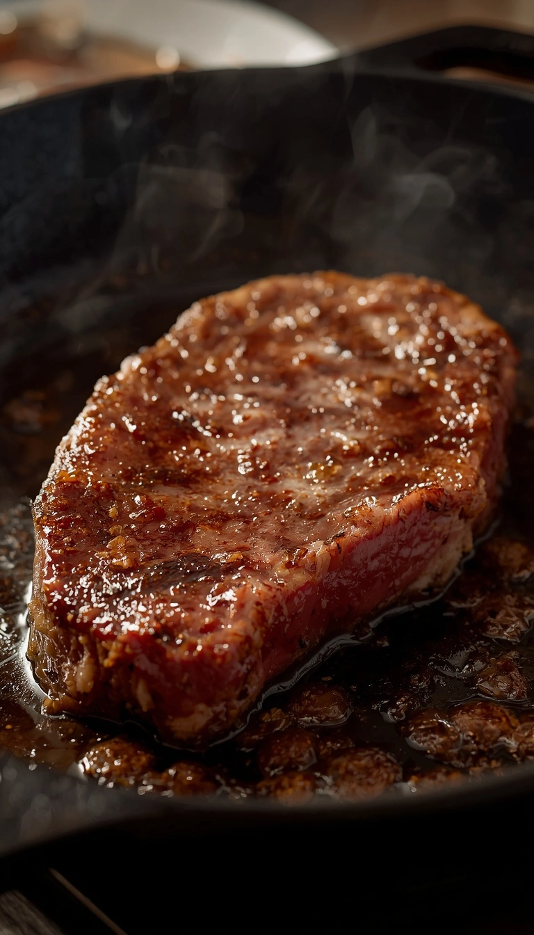 Wagyu steak searing in a hot skillet