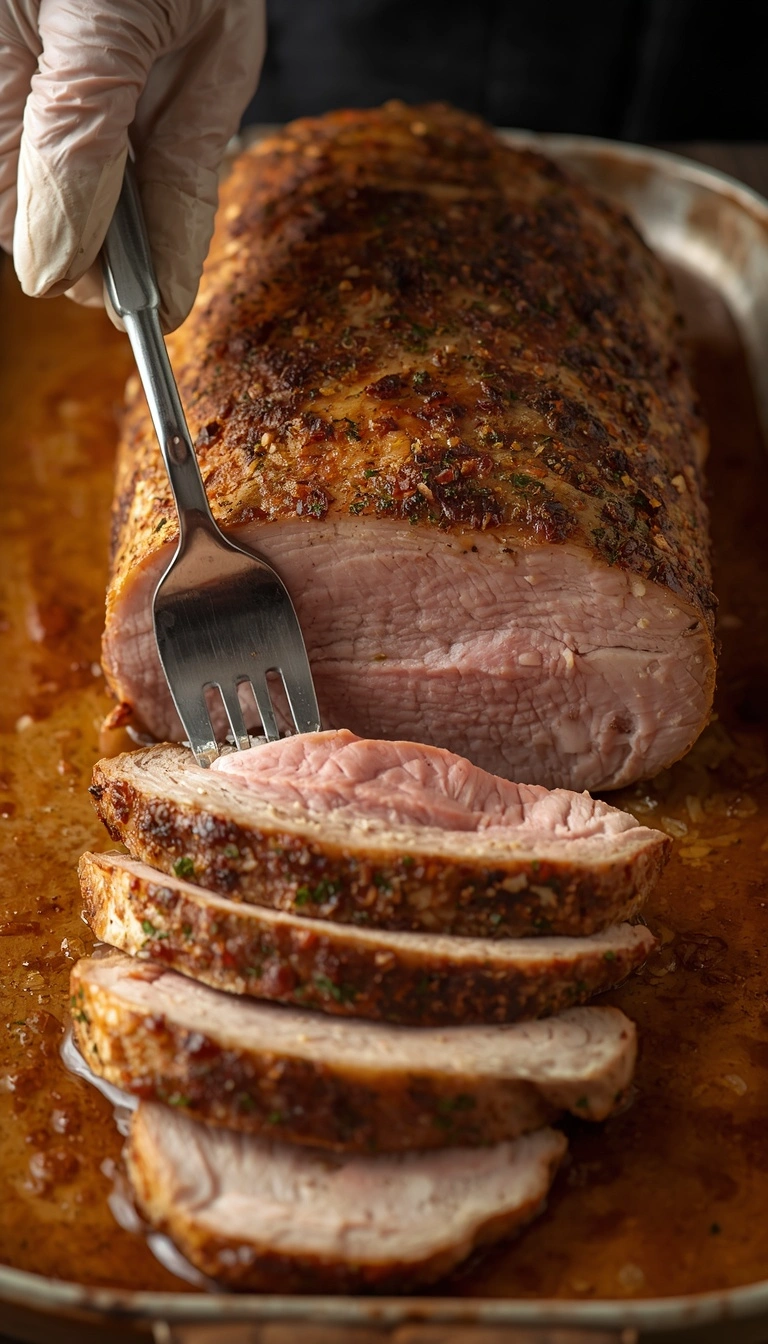Step 5: sliced juicy pork loin roast with pan juices