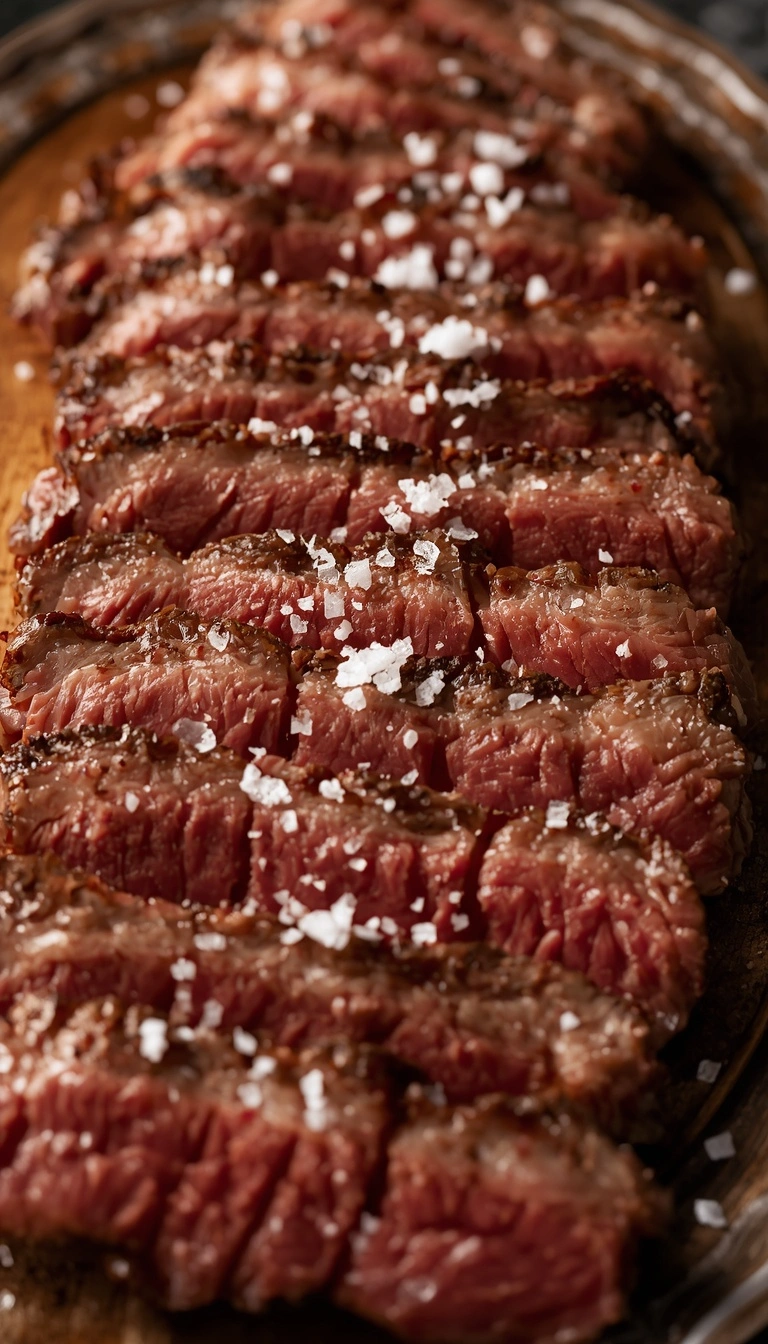 Sliced wagyu steak served with flaky salt